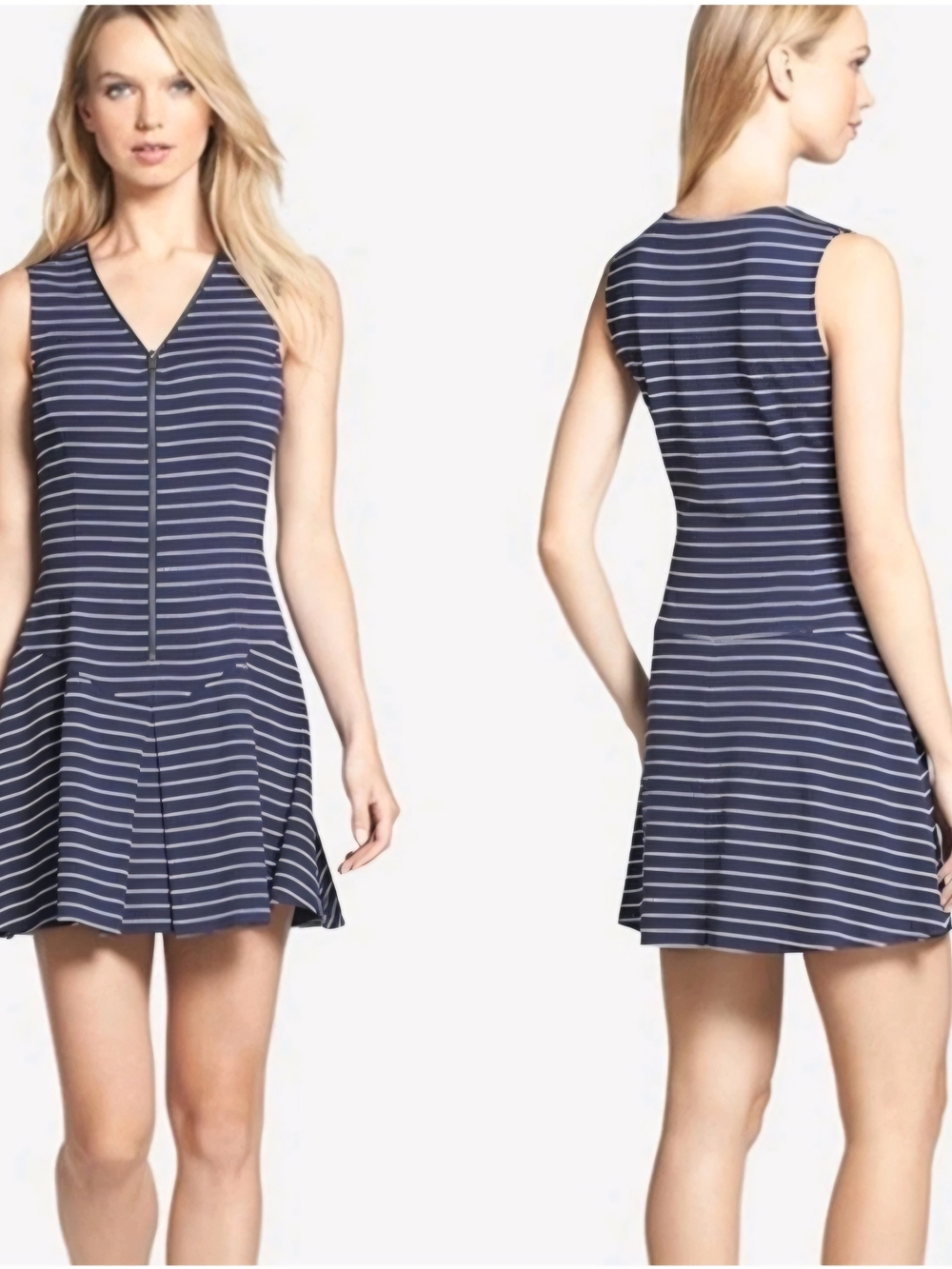 Theory Say I Dress Size 6 Navy White Striped Zip Front Fit Flare